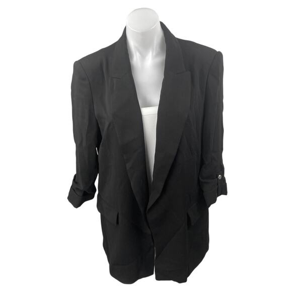 Zara Women's Black Shirred Ruched Sleeves Open Front Blazer Coat Jacket Size L - Picture 1 of 4